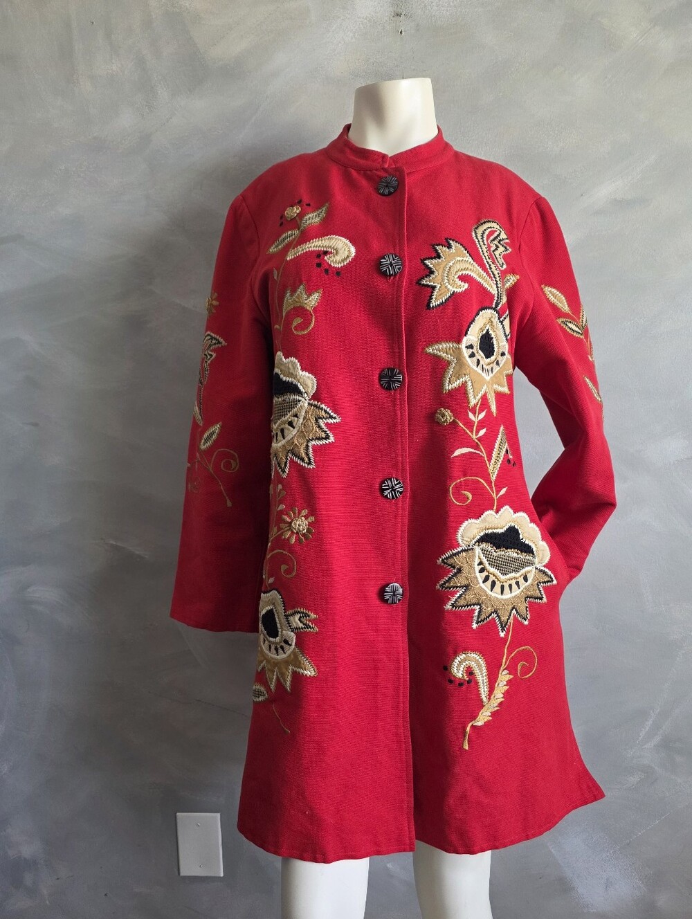 Vtg Red Embroidered Tan Floral Band Leader Jacket Drum Major Cotton Long M Women